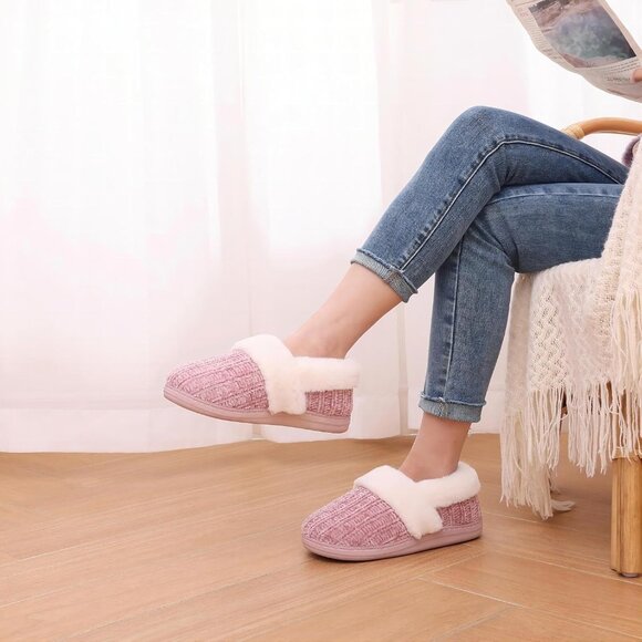 ⚡Women's Pink Fuzzy Memory Foam Slippers Closed Back Knit Slip-On House Shoes - Picture 6 of 6
